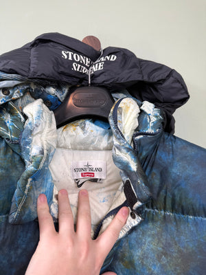 Stone Island x Supreme Blue Paintball Camo Crinkle Reps Down Jacket