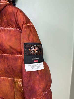 Stone Island x Supreme Orange Paintball Camo Crinkle Reps Down Jacket