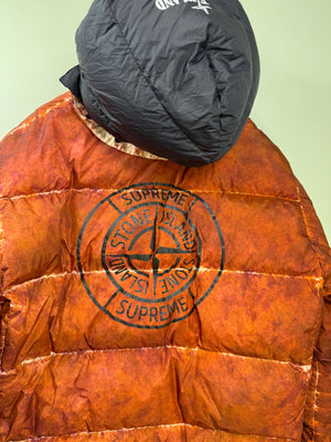 Stone Island x Supreme Orange Paintball Camo Crinkle Reps Down Jacket
